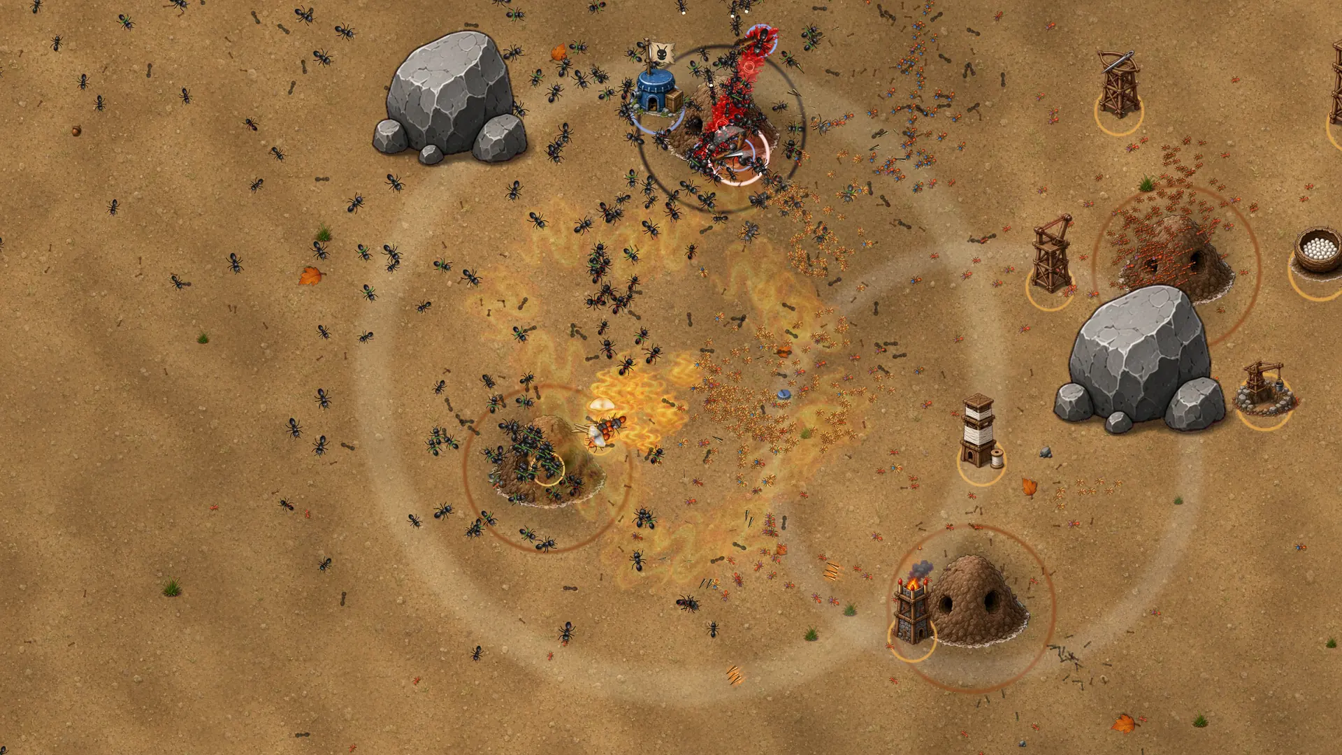 A hero ant and its squad fighting through an enemy colony, with fire on the ground